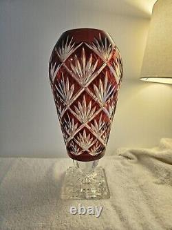 Vintage 1920's Art Deco Cranberry Red Clear Cut Crystal Glass Large 15 Vase