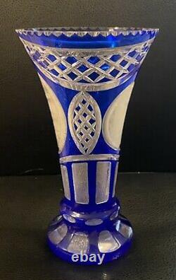 Vintage 1937Bohemian Cobalt Blue Cut to Clear Crystal Engraved Presentation Vase