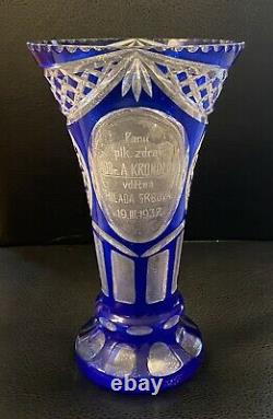 Vintage 1937Bohemian Cobalt Blue Cut to Clear Crystal Engraved Presentation Vase