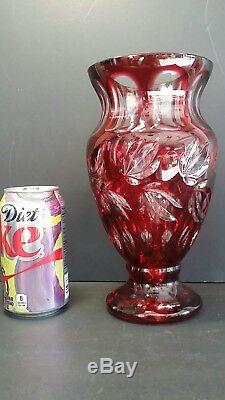 Vintage 9.25 BOHEMIA Crystal RUBY RED Cut to Clear VASE Art Glass Heavy Czech