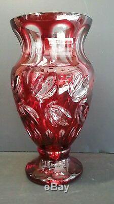 Vintage 9.25 BOHEMIA Crystal RUBY RED Cut to Clear VASE Art Glass Heavy Czech