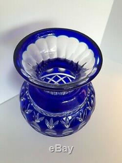 Vintage 9.5 Bohemian Czech Cobalt Blue Cut To Clear Crystal Vase Pineapples