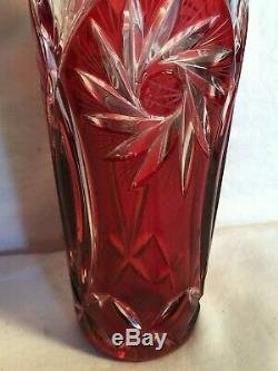Vintage AJKA Albracca CZECH BOHEMIAN Cranberry Ruby Red cut CRYSTAL 7 bud VASE
