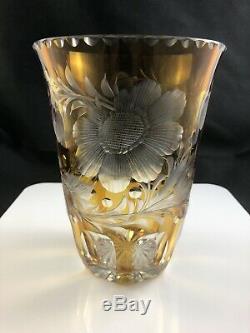 Vintage Amber Cut to Clear Art Glass Crystal Hand Engraved Flower 7 1/4 Vase