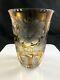 Vintage Amber Cut To Clear Art Glass Crystal Hand Engraved Flower 7 1/4 Vase
