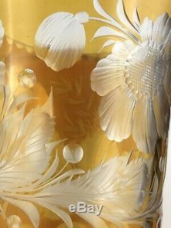 Vintage Amber Cut to Clear Art Glass Crystal Hand Engraved Flower 7 1/4 Vase