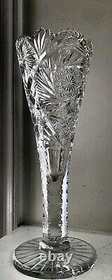 Vintage American Brilliant Heavy Cut Saw Tooth Crystal Trumpet Vase, 12 Tall