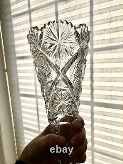 Vintage American Brilliant Heavy Cut Saw Tooth Crystal Trumpet Vase, 12 Tall
