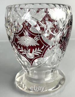 Vintage/Antique Bohemian Vase Cut Crystal Ruby Red/Clear Flowers 4.75 H Art Deco