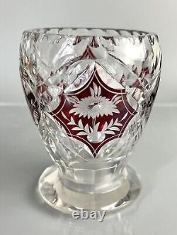 Vintage/Antique Bohemian Vase Cut Crystal Ruby Red/Clear Flowers 4.75 H Art Deco