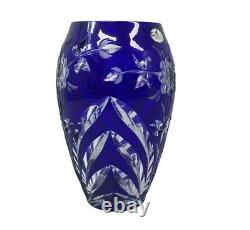 Vintage Arnstadt Cobalt Blue Cut to Clear Crystal Vase 10 H 4 Diameter