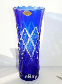 Vintage Badash Russian USSR Cobalt Blue Hand Cut Crystal Vase Diamond CrissCross