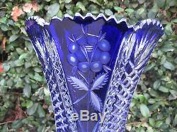 Vintage Bohemia Cobalt Blue Hand Cut Six Sided Crystal Vase Flower Decor 11 Nib