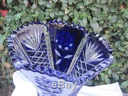 Vintage Bohemia Cobalt Blue Hand Cut Six Sided Crystal Vase Flower Decor 11 Nib