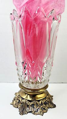 Vintage Bohemia Cut Glass Vase Clear Frosted Heavy Large Pedestal Brass Base 12