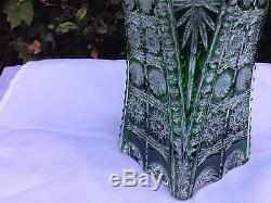 Vintage Bohemia Emerald Green Queen Lace Hand Cut Six Sided Crystal Vase 11 Nib