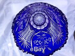 Vintage Bohemia Flower Cut Cobalt Blue 24% Lead Cased Round Crystal Vase 10 Nib