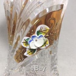 Vintage Bohemia Gold Enamel Hand Cut 24% Lead Crystal vase 7 NICE Czech