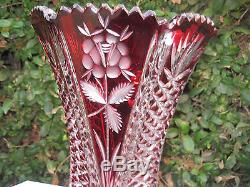 Vintage Bohemia Gold Ruby Hand Cut Six Sided Crystal Vase 11 Nib