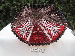 Vintage Bohemia Gold Ruby Hand Cut Six Sided Crystal Vase 11 Nib