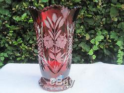 Vintage Bohemia Hand Cut Gold Ruby 24% Lead Crystal Vase 10 Nib