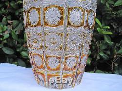 Vintage Bohemia Hand Cut Queen Lace Amber Crystal Round Vase 10 Mint