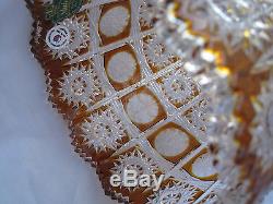 Vintage Bohemia Hand Cut Queen Lace Amber Crystal Round Vase 10 Mint