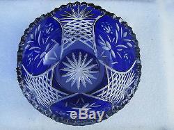 Vintage Bohemia Queen Lace Cobalt Blue Hand Cut Crystal Round Bowl 9 Mint Nib