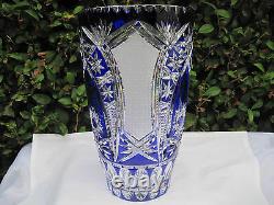 Vintage Bohemia Traditional Cut Cobalt Blue 24% Lead Cased Crystal Vase 8 Nib
