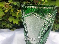 Vintage Bohemia Traditional Cut Emerald Green 24% Lead Cased Crystal Vase 10