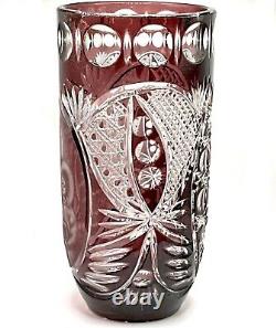 Vintage Bohemian Black Madonna Garnet /Ruby Cranberry Cut To Clear Crystal Vase