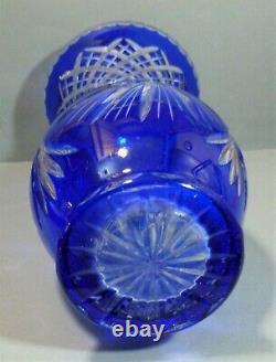 Vintage Bohemian Cobalt Blue Cut To Clear Crystal Cut Clear Glass Vase 12 Tall