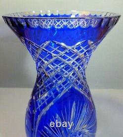 Vintage Bohemian Cobalt Blue Cut To Clear Crystal Cut Clear Glass Vase 12 Tall