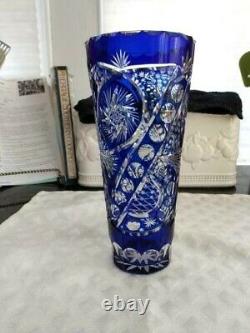 Vintage Bohemian Cobalt Cut To Clear Cut Glass Vase 9.25