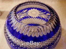Vintage Bohemian Crystal Cobalt Cut To Clear Big Heavy Rose Bowl Vase Mint! Bin
