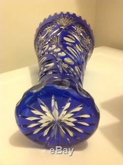 Vintage Bohemian Crystal Cobolt Blue Clear To Cut Large 13.5/34sm Tall Vase