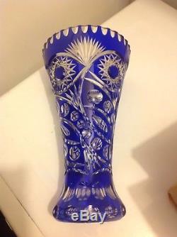 Vintage Bohemian Crystal Cobolt Blue Clear To Cut Large 13.5/34sm Tall Vase