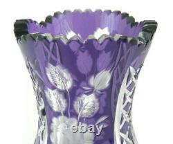 Vintage Bohemian Crystal Vase Amethyst Purple Cut to Clear withFloral Etching