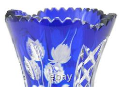 Vintage Bohemian Crystal Vase Cobalt Blue Cut to Clear withFloral Etching