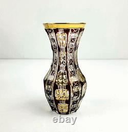 Vintage Bohemian Crystal Vase Ruby Red Cut to Clear 10 Sided Faceted Gold Trim