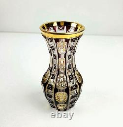 Vintage Bohemian Crystal Vase Ruby Red Cut to Clear 10 Sided Faceted Gold Trim