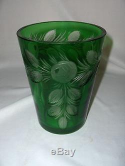 Vintage Bohemian Cut Crystal Glass Green to Clear Vase Flowers Leaves NICE