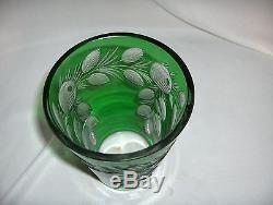Vintage Bohemian Cut Crystal Glass Green to Clear Vase Flowers Leaves NICE