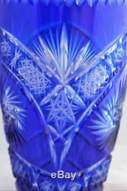 Vintage Bohemian Cut Glass Crystal Cobalt Blue Large Heavy Vase