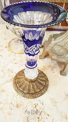 Vintage Bohemian Cut To Clear Crystal Trumpet Bud Vase Embossed Brass Base Foot