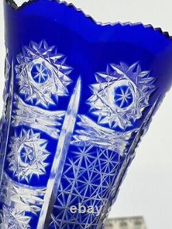 Vintage Bohemian Cut to Clear Cobalt Blue Vases Ruffled Top Thumbprint 7.25 H