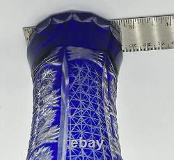 Vintage Bohemian Cut to Clear Cobalt Blue Vases Ruffled Top Thumbprint 7.25 H