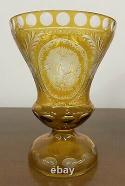 Vintage Bohemian Czech Amber Cut To Clear Glass Floral Etched Antique Vase