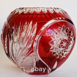 Vintage Bohemian Czech Art Glass Ruby Red Cut to Clear Crystal Rose Bowl Vase 5