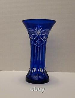 Vintage Bohemian Czech Colbolt Blue Cut/Clear Crystal Glass 10 Starburst Vase